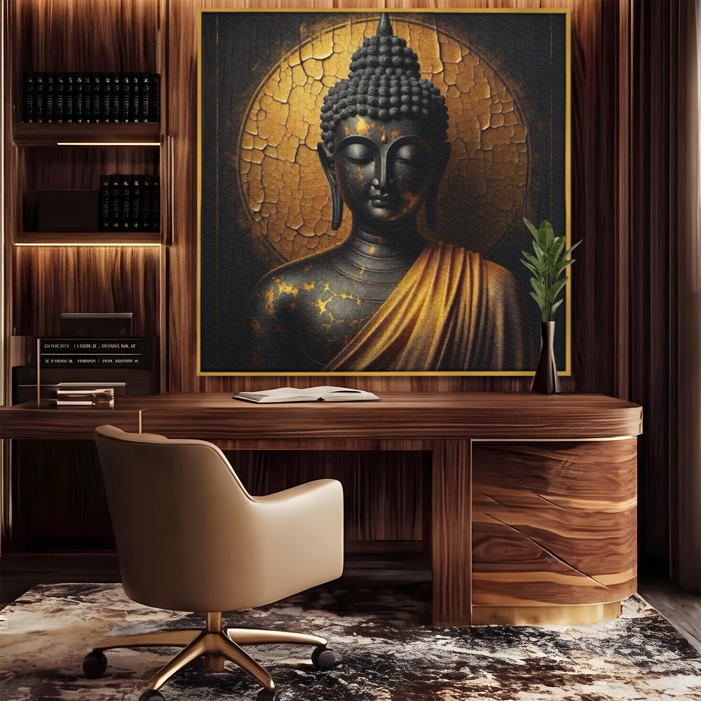 Tablou canvas cu tablou canvas cu portret buddha, in rama de aluminiu auriu, pe perete intr-un birou